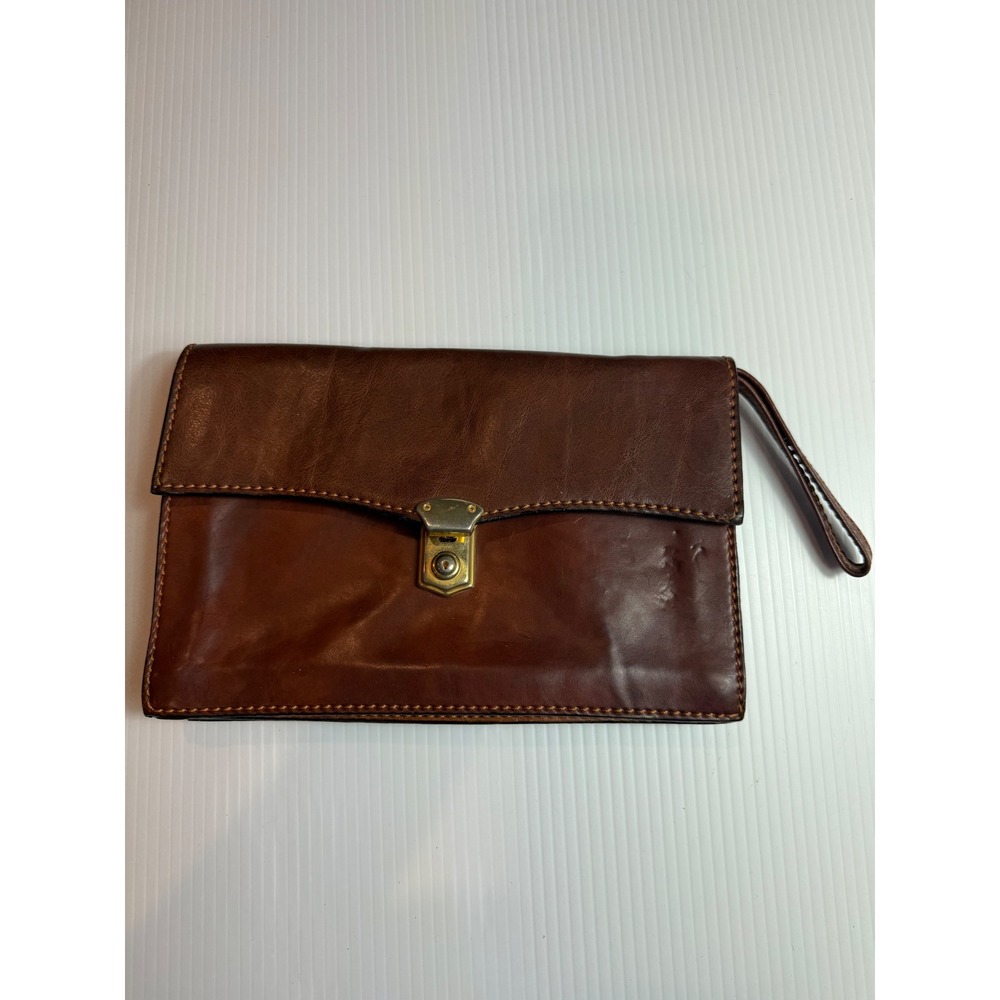 Vintage Made in Italy Brown Leather Wristlet Clutch Paisley Lining Accordion Bag